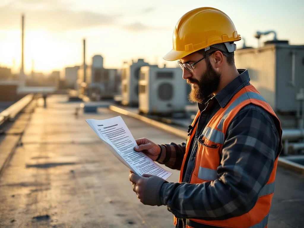 Professionele dakdekker in veiligheidsuitrusting bekijkt onderhoudscontract op modern plat dak met HVAC-installaties