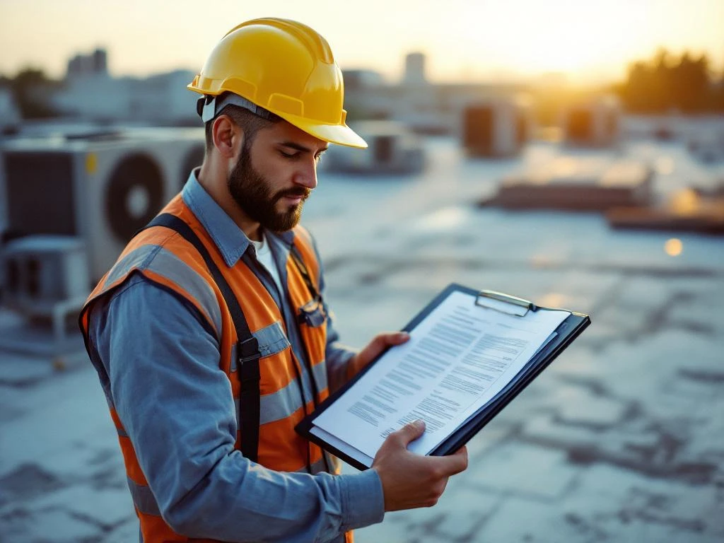 Aannemer in helm bestudeert onderhoudscontract op commercieel dak met HVAC-units op achtergrond
