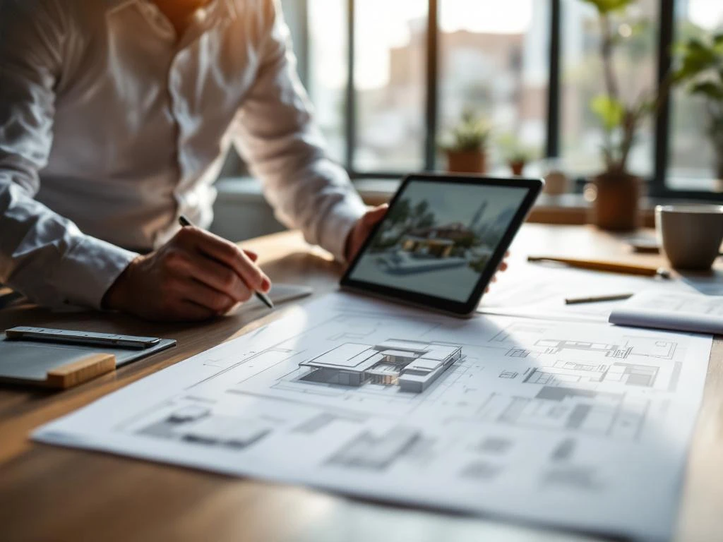 Architect bestudeert bouwplannen op houten tafel met tablet, meetgereedschap en koffie in natuurlijk verlicht kantoor