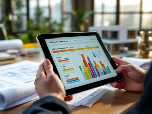 Architect houdt tablet vast met onderhoudsschema's voor gebouwen, bouwplannen op bureau met gebouwmodel op achtergrond