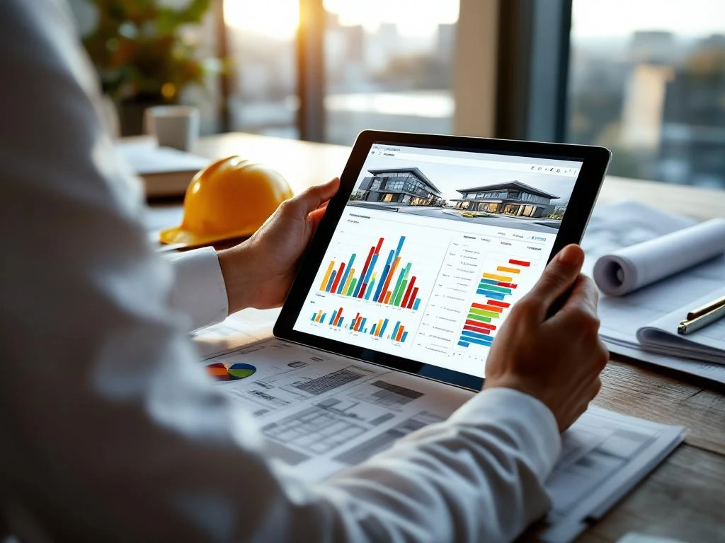 Architect bekijkt onderhoudsschema's op tablet met bouwkundige tekeningen en gereedschap op bureau