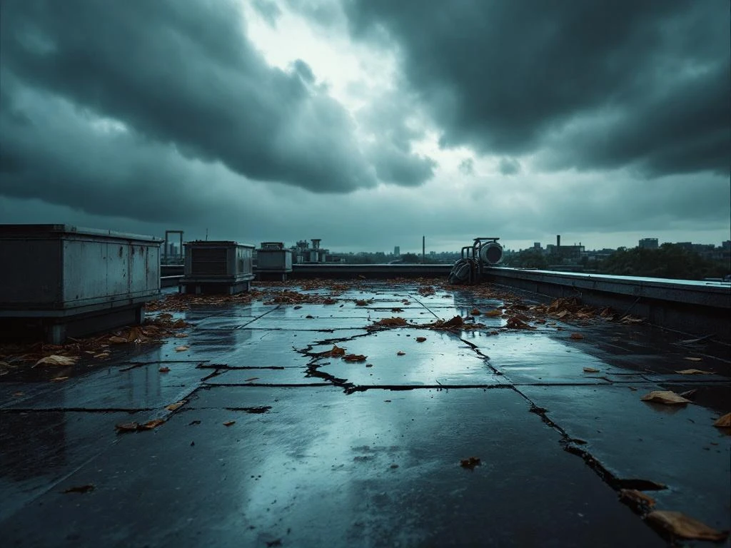 Beschadigd plat dak met scheuren en waterplassen onder dreigende stormwolken op industrieel gebouw