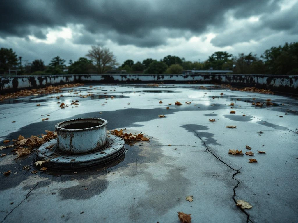 Beschadigd plat dak met waterplassen, donkere vlekken en gebarsten kit rond ventilatiepijp onder dreigende wolken