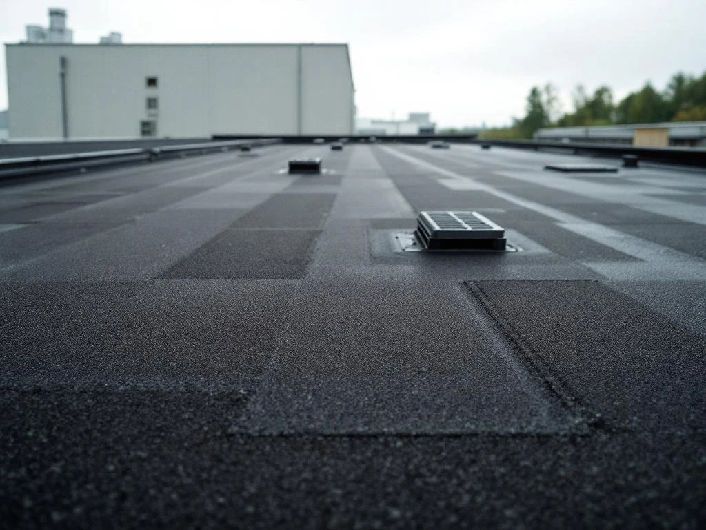 Zwart bitumen dakmembraan met drainage en ventilatie-units op plat dak van industrieel gebouw