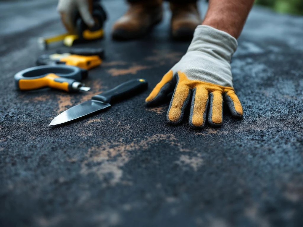 Dakdekker in werkhandschoenen onderzoekt verouderd zwart bitumen dakbedekking met gereedschap op donkere ondergrond
