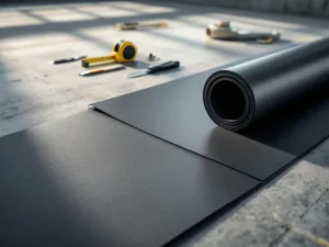 Twee rollen zwart bitumen dakbedekkingsmateriaal op betonnen vloer met gereedschap in industriële omgeving