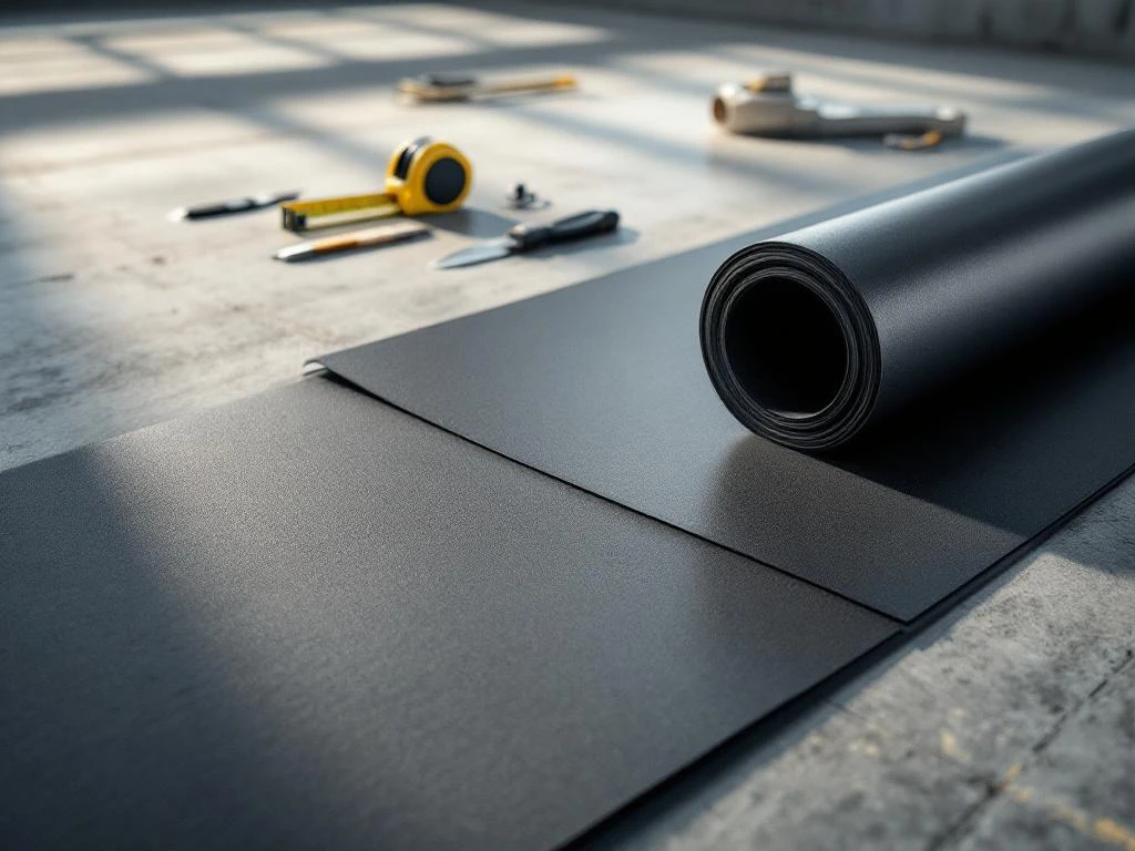Twee rollen zwart bitumen dakbedekkingsmateriaal op betonnen vloer met gereedschap in industriële omgeving