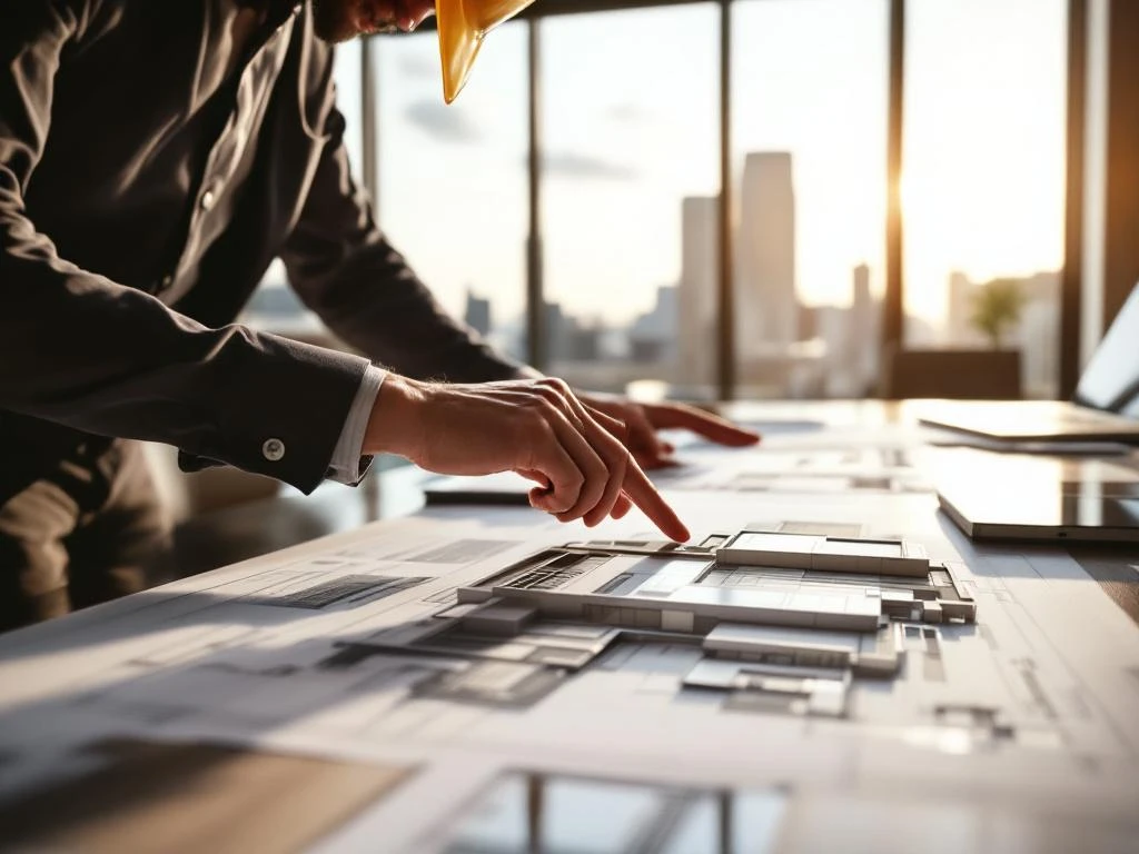 Bouwmanager in helm bestudeert architecturale plattegronden van commercieel dak op moderne conferentietafel in kantoor