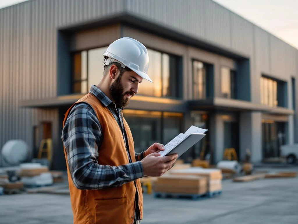 Bouwmanager met helm bekijkt bouwplannen op tablet naast modern commercieel gebouw met bouwmaterialen