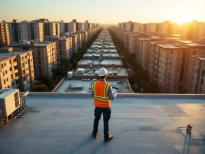 Bouwvakker in veiligheidsvest inspecteert HVAC-systemen op commercieel dak met tablet tijdens gouden uur