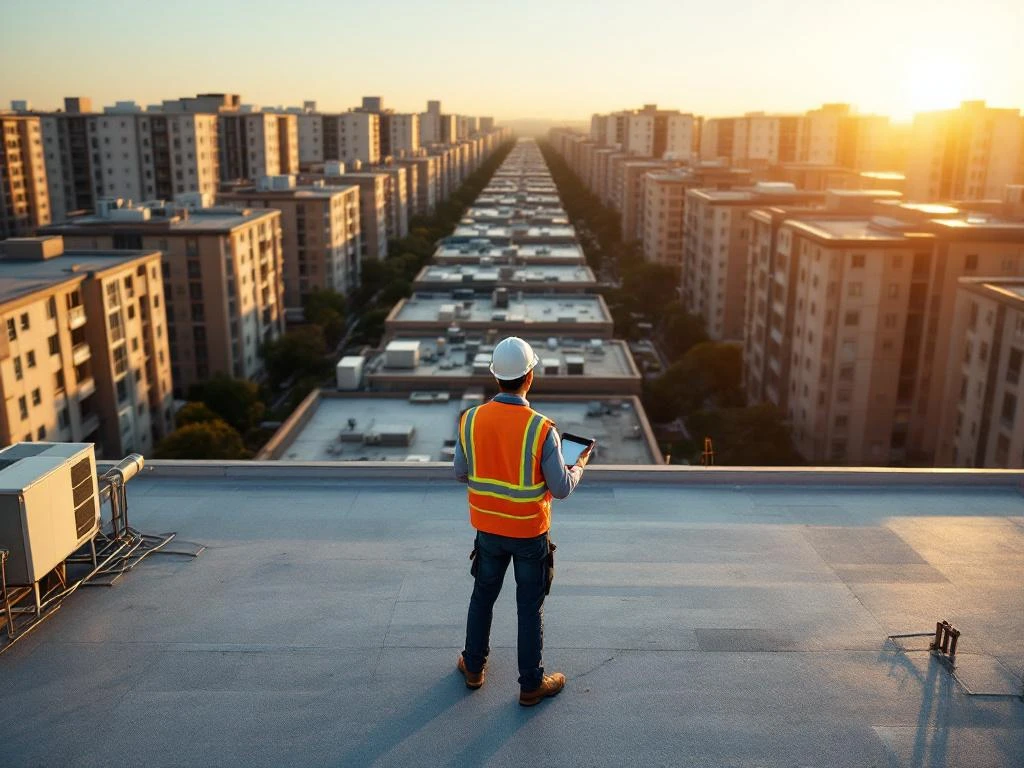 Bouwvakker in veiligheidsvest inspecteert HVAC-systemen op commercieel dak met tablet tijdens gouden uur