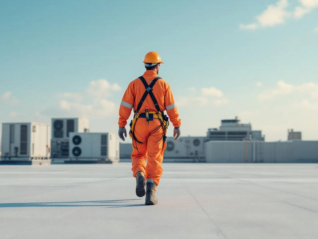 Bouwvakker in oranje veiligheidskleding en helm loopt over plat dak met HVAC-installaties op achtergrond