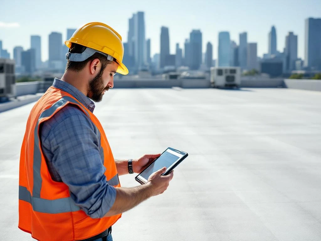 Dakspecialist met tablet inspecteert commercieel plat dak met HVAC-systemen en stadsachtergrond