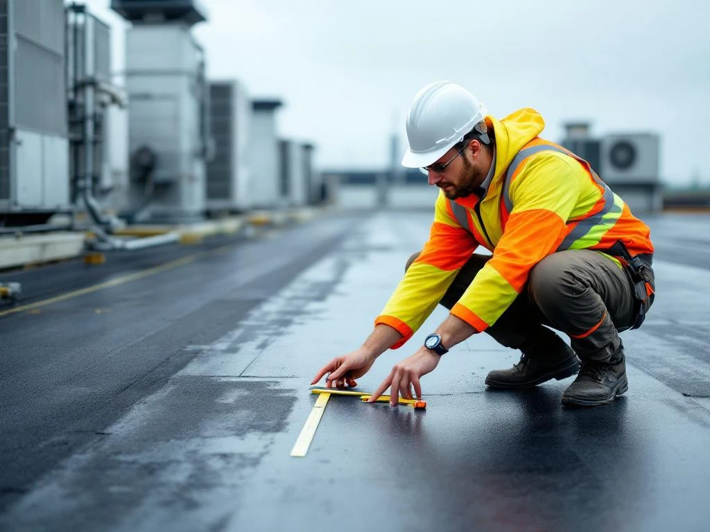 Professionele dakdekker inspecteert commercieel dak met digitale tablet en meetgereedschap op industrieel gebouw