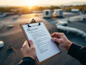 Aannemer houdt onderhoudslijst vast op commercieel EPDM dak met HVAC-units tijdens gouden uur inspectie