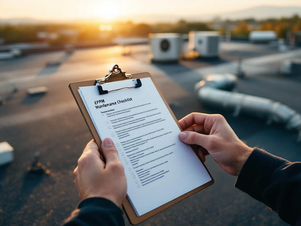 Aannemer houdt onderhoudslijst vast op commercieel EPDM dak met HVAC-units tijdens gouden uur inspectie