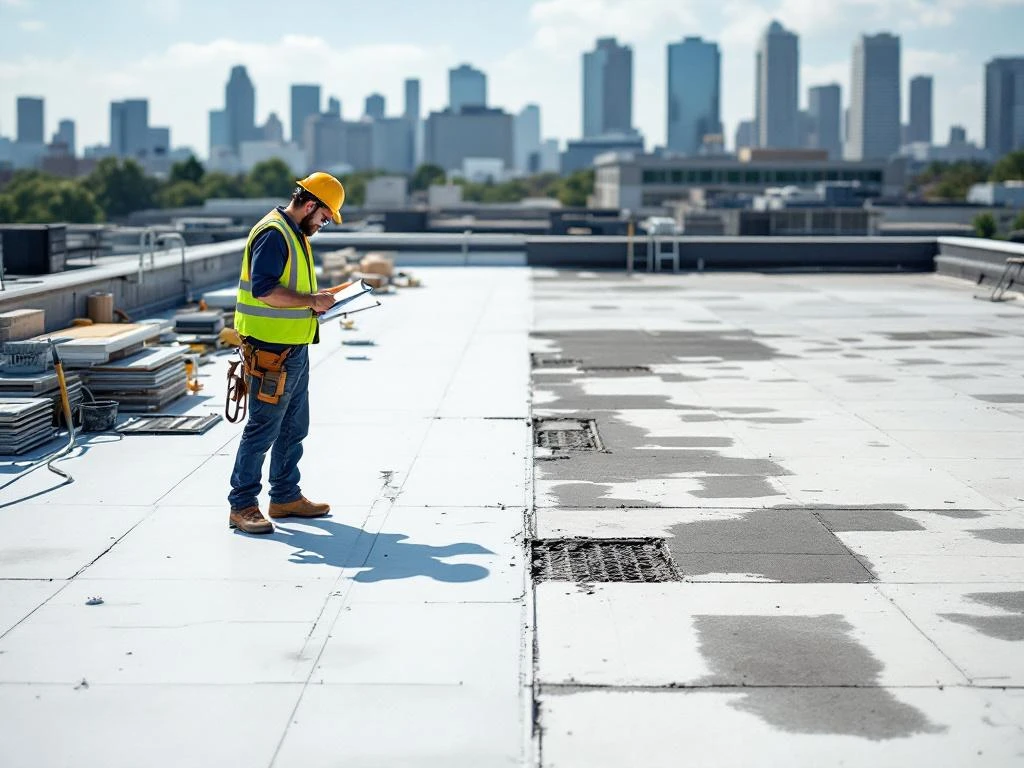 Dakdekker inspecteert wit commercieel dak met klembord, toont contrast tussen onderhoud en noodreparaties