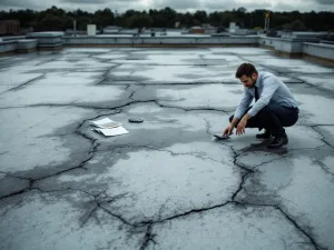 Vastgoedmanager inspecteert beschadigde plat dak met scheuren en waterplassen, calculaties en rapporten nabij