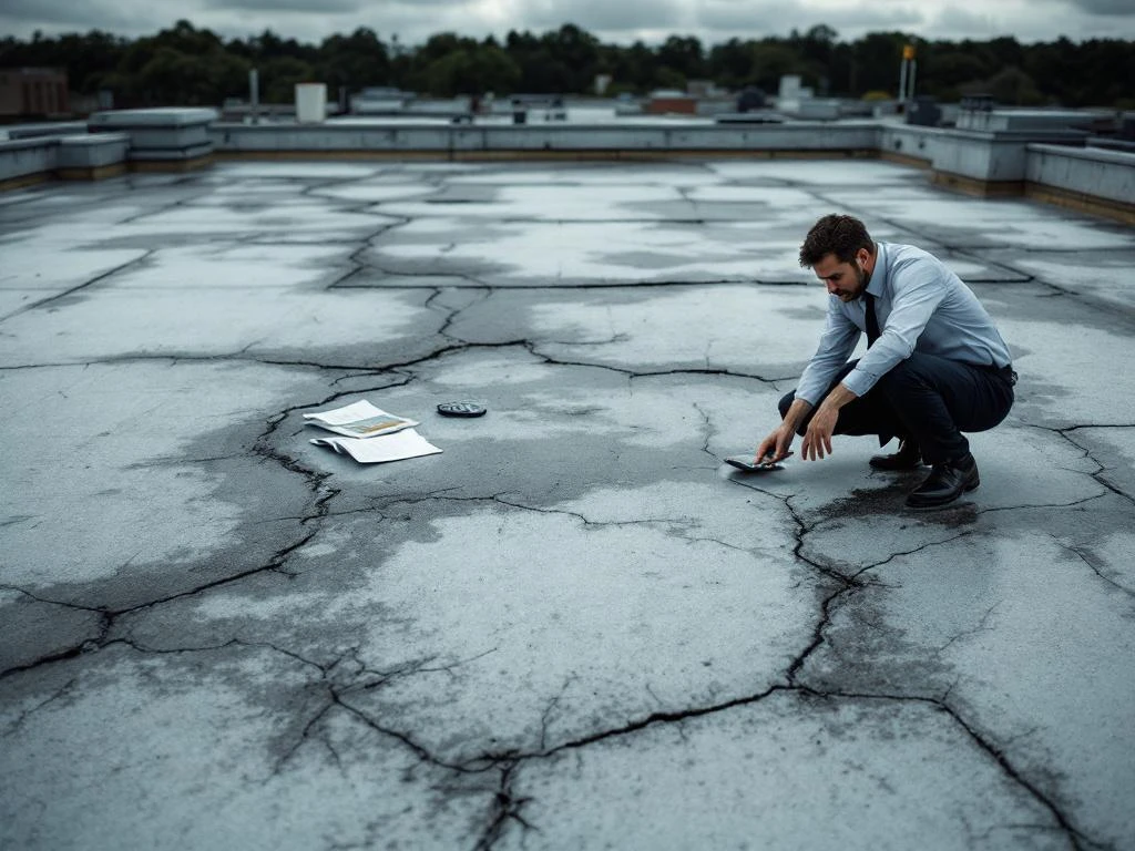 Vastgoedmanager inspecteert beschadigde plat dak met scheuren en waterplassen, calculaties en rapporten nabij