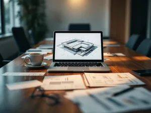 Laptop toont plattedak tekeningen op vergadertafel met documenten, koffie en bril tijdens zakelijke bespreking