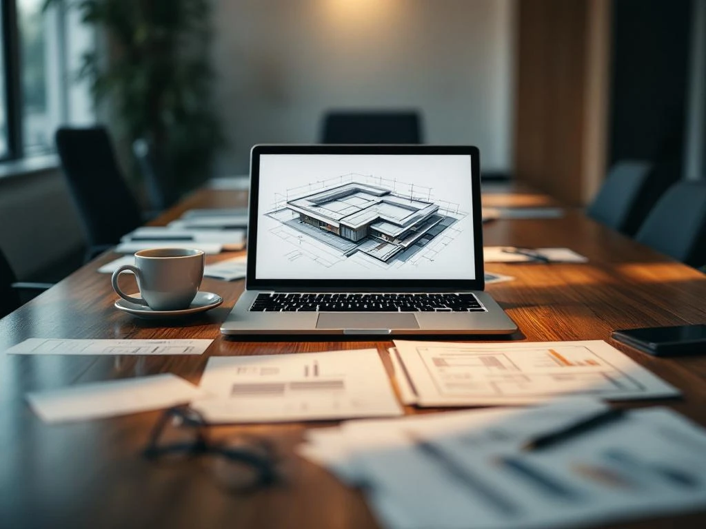 Laptop toont plattedak tekeningen op vergadertafel met documenten, koffie en bril tijdens zakelijke bespreking