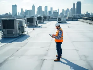 Professionele inspecteur in veiligheidsvest onderzoekt plat dak van commercieel gebouw met tablet en meetgereedschap