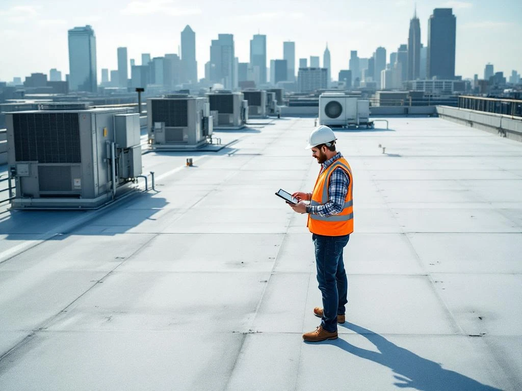 Professionele inspecteur in veiligheidsvest onderzoekt plat dak van commercieel gebouw met tablet en meetgereedschap