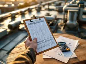 Aannemer bekijkt onderhoudsschema op klembord bij commercieel plat dak met calculator en kostenberekeningen op tafel