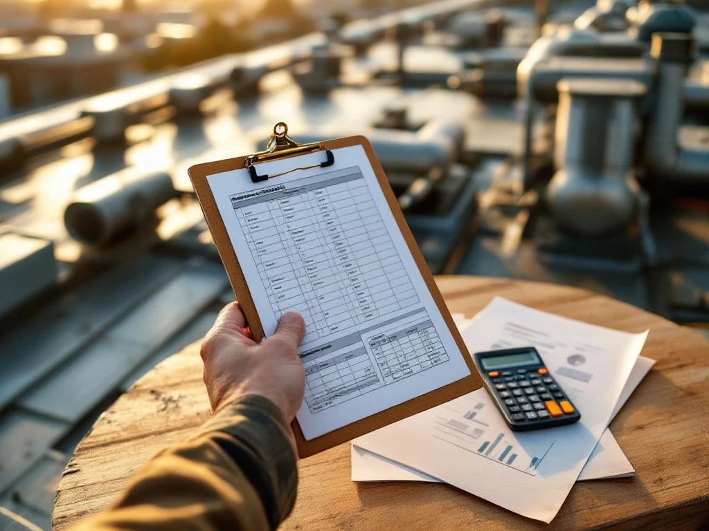 Aannemer bekijkt onderhoudsschema op klembord bij commercieel plat dak met calculator en kostenberekeningen op tafel