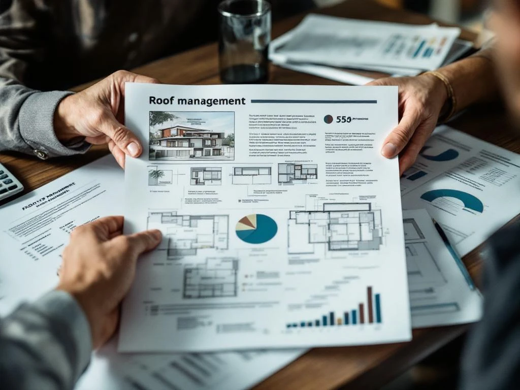 Architect houdt dakbeheer document vast boven blauwdrukken van plat dak op houten bureau met calculator