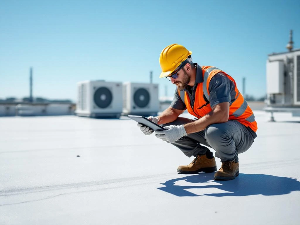 Professionele dakinspecteur in veiligheidsuitrusting onderzoekt commercieel plat dak met tablet, HVAC-units op achtergrond