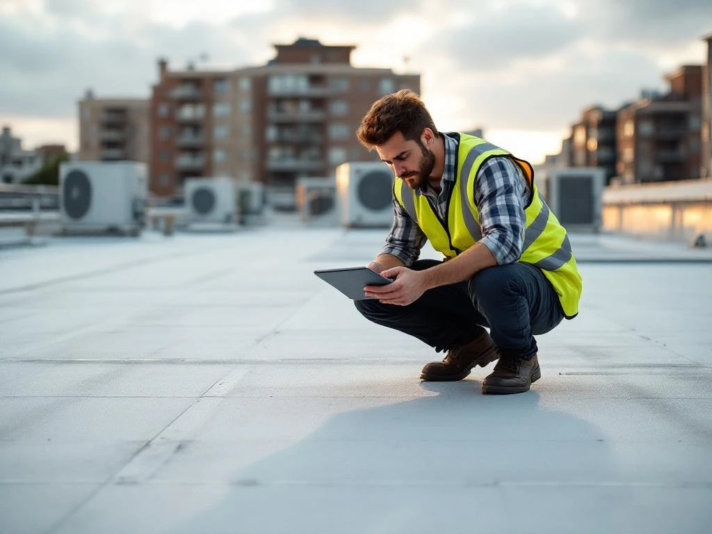 Onderhoudsinspecteur in veiligheidsvest controleert commercieel dakmembraan met tablet naast HVAC-apparatuur