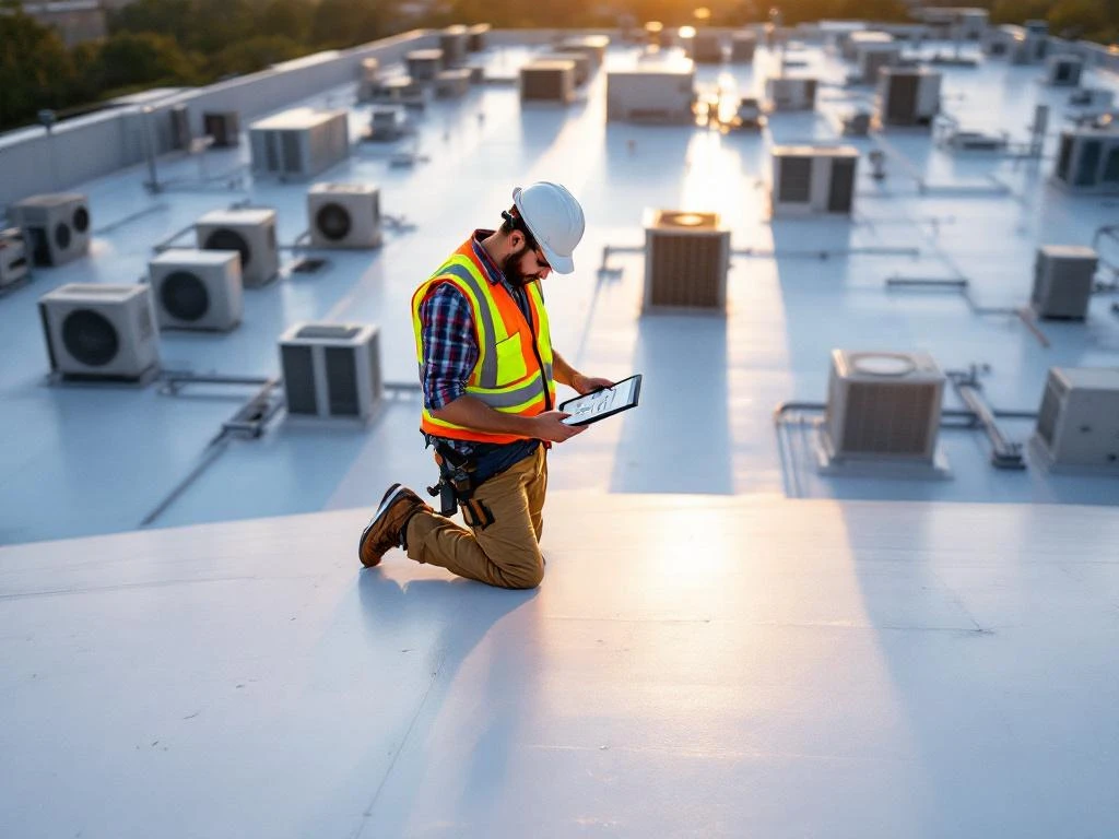 Bouwvakker in veiligheidsvest inspecteert commercieel dak met tablet, HVAC-units zichtbaar op achtergrond