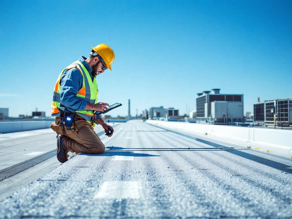 Professionele inspecteur in veiligheidskleding onderzoekt commercieel dak met tablet en zaklamp, HVAC-units op achtergrond