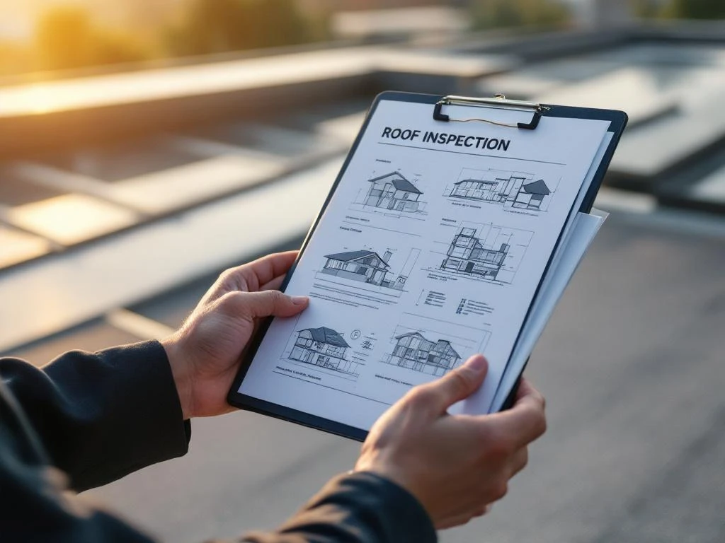 Professionele dakdekker houdt klembord met inspectiedocumenten en tablet vast voor dakinspectie op plat dak