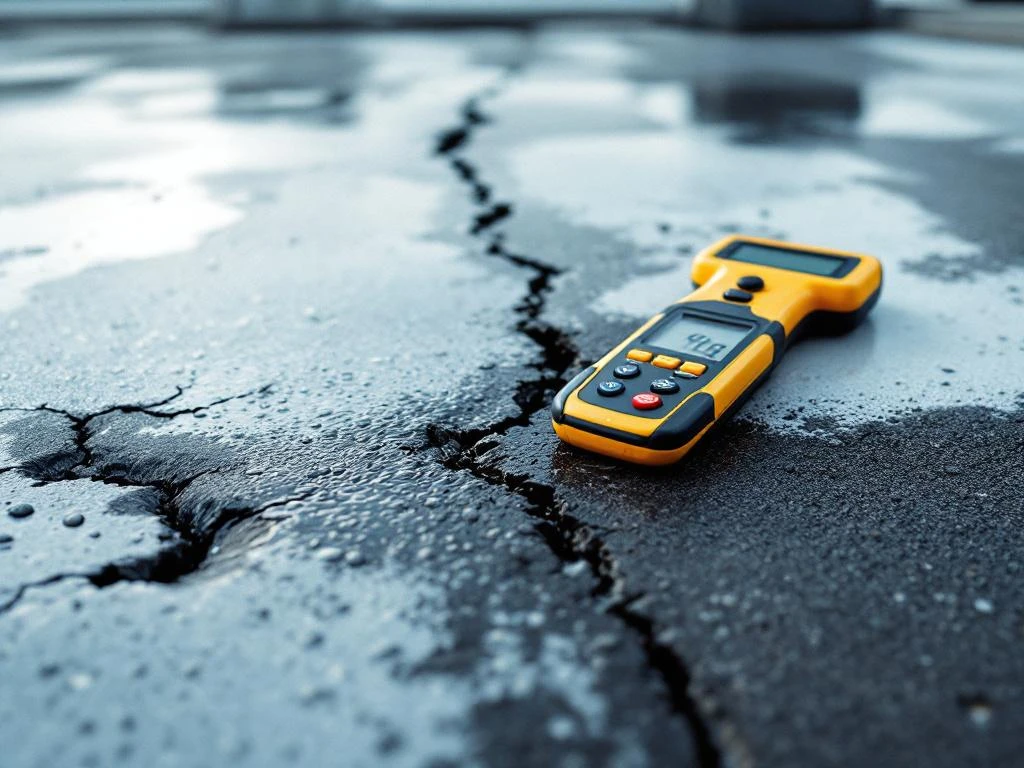 Beschadigd plat dak met waterplassen, vochtmeter en scheuren zichtbaar tijdens professionele dakinspectie