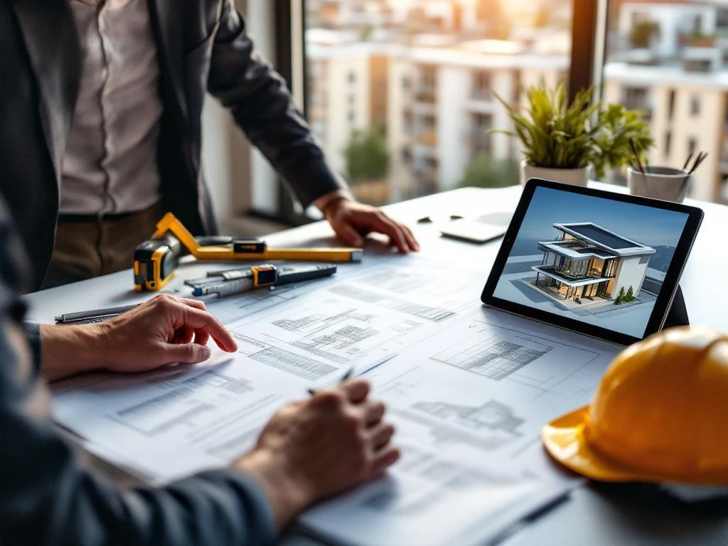 Architect bekijkt platte dakonderhoudsdocumenten en bouwplannen op kantoorbureau met tablet en veiligheidshelm