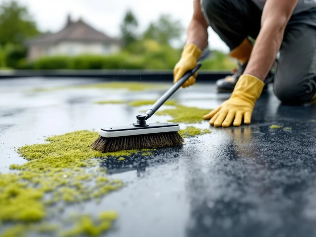 Professionele dakonderhoudsmonteur verwijdert mos van plat dak met zachte borstel en milieuvriendelijke reiniger