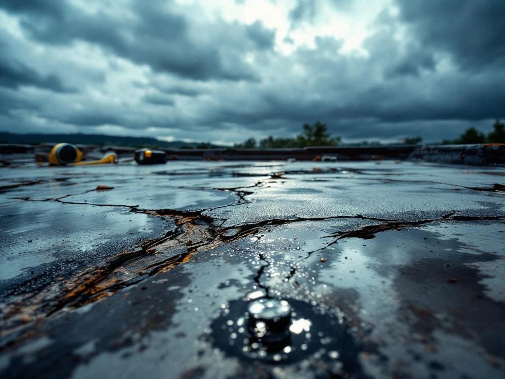 Beschadigd plat dak met scheuren en waterplassen, bouwgereedschap en stormwolken zichtbaar