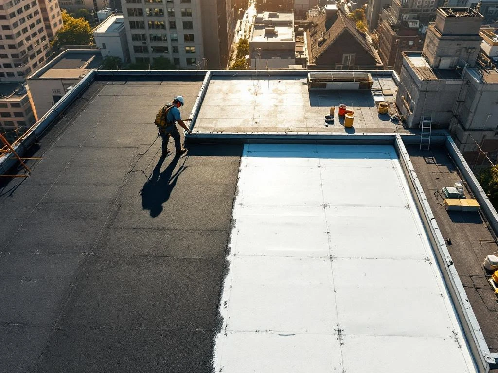 Dakdekker brengt zwart bitumen membraan aan naast wit EPDM rubber dakbedekking op modern plat dak, gereedschap zichtbaar