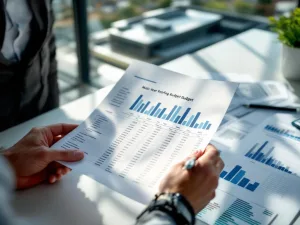 Architect houdt meerjarige dakbudget spreadsheet vast op bureau met rekenmachine en planningsdocumenten, modern dak op achtergrond