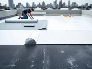 Dakdekker plaatst EPDM rubberen dakbedekking op plat dak met TPO-platen en gereedschap, stedelijke skyline op achtergrond