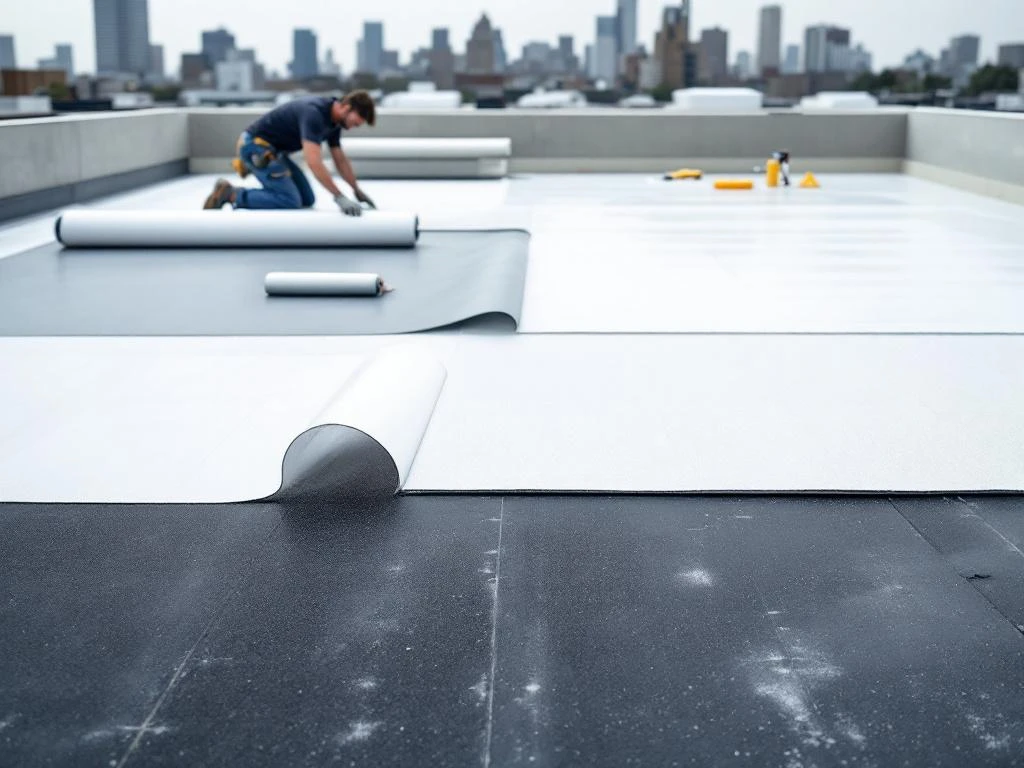 Dakdekker plaatst EPDM rubberen dakbedekking op plat dak met TPO-platen en gereedschap, stedelijke skyline op achtergrond