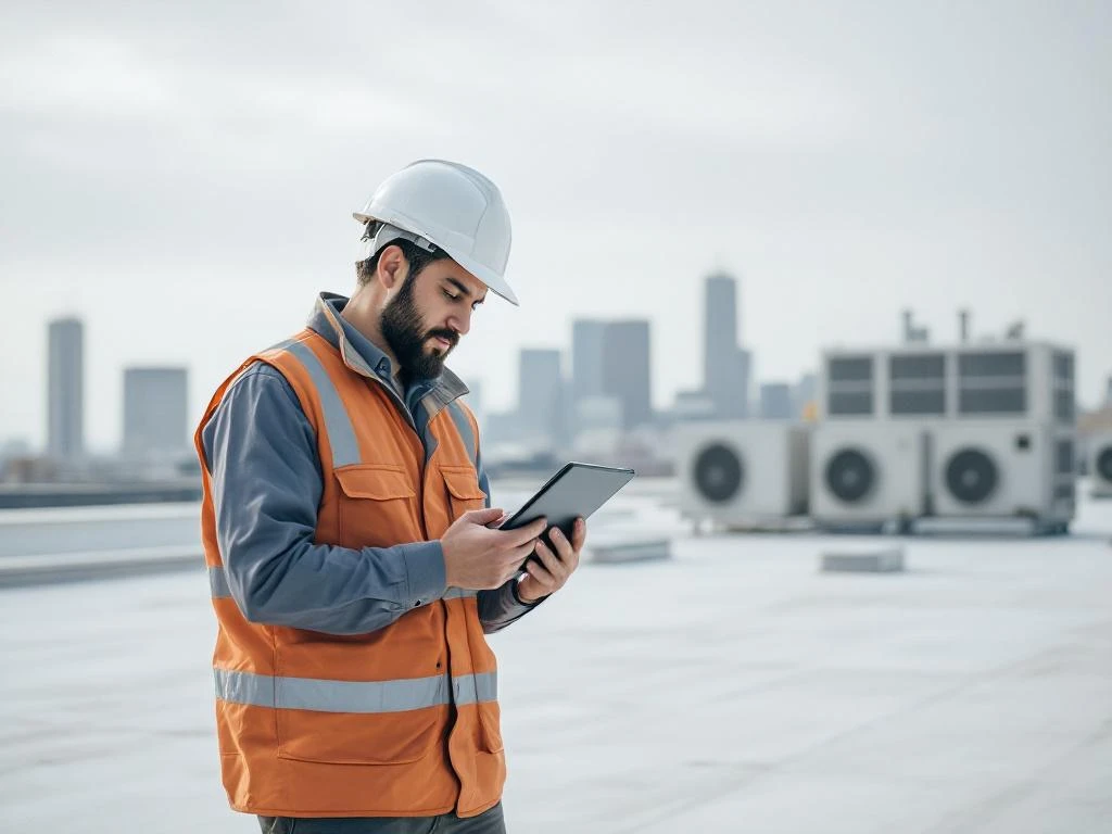 Professionele dakdekker met tablet inspecteert commercieel dak met HVAC-installaties en stadsachtergrond