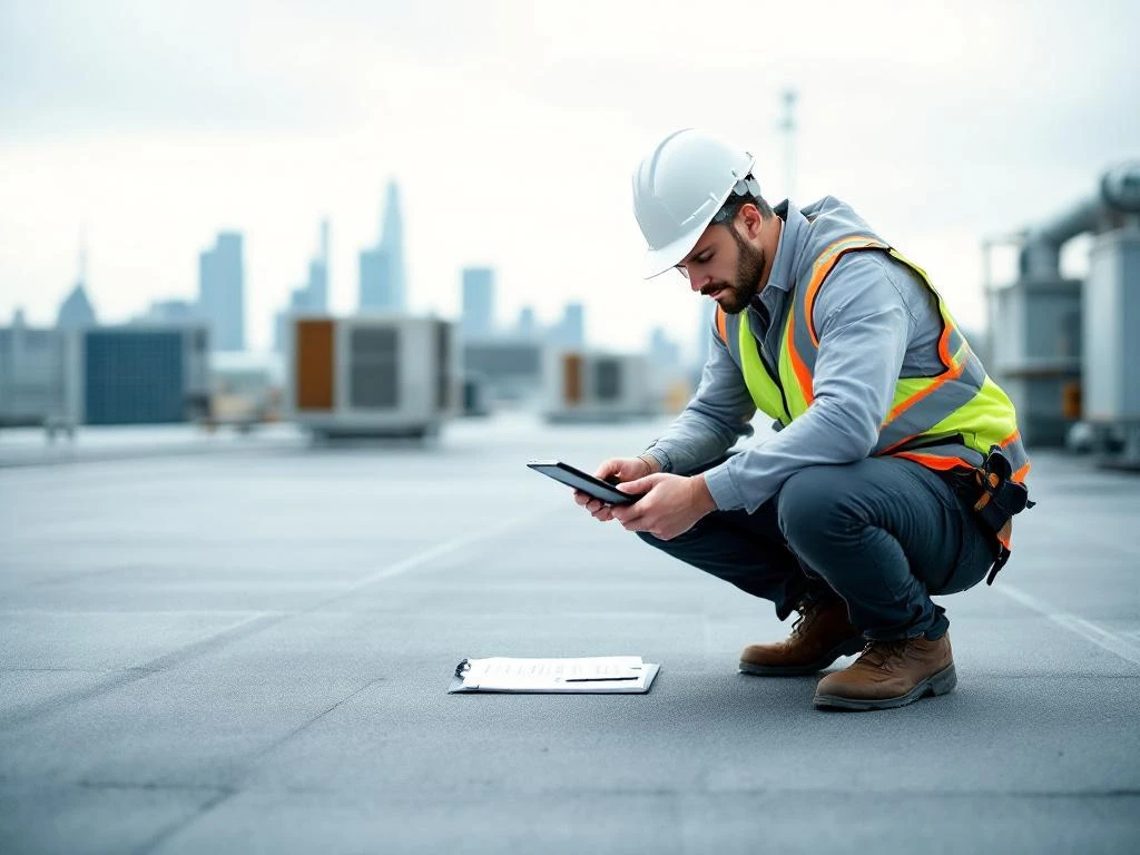 Professionele gebouwinspecteur in helm onderzoekt EPDM dakbedekking op commercieel plat dak met tablet en checklist