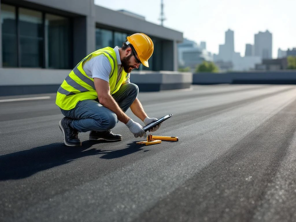 Bouwkundig inspecteur in gele veiligheidsvest onderzoekt plat rubber dak met digitale tablet en meetgereedschap