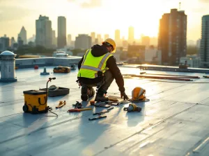 Bouwvakker in hesje inspecteert commercieel plat dak met professionele gereedschappen, stadsachtergrond zichtbaar