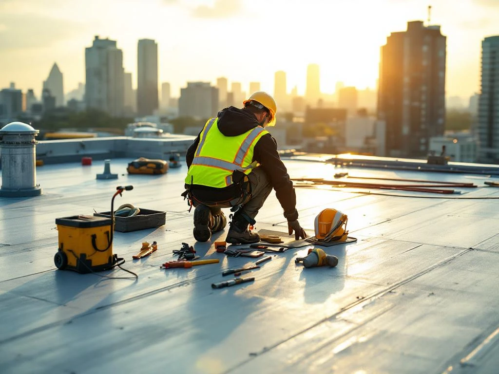 Bouwvakker in hesje inspecteert commercieel plat dak met professionele gereedschappen, stadsachtergrond zichtbaar