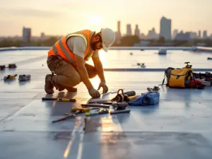 Professionele dakdekker inspecteert commercieel rubberenmembraan dak met gereedschap, Amersfoort skyline op achtergrond