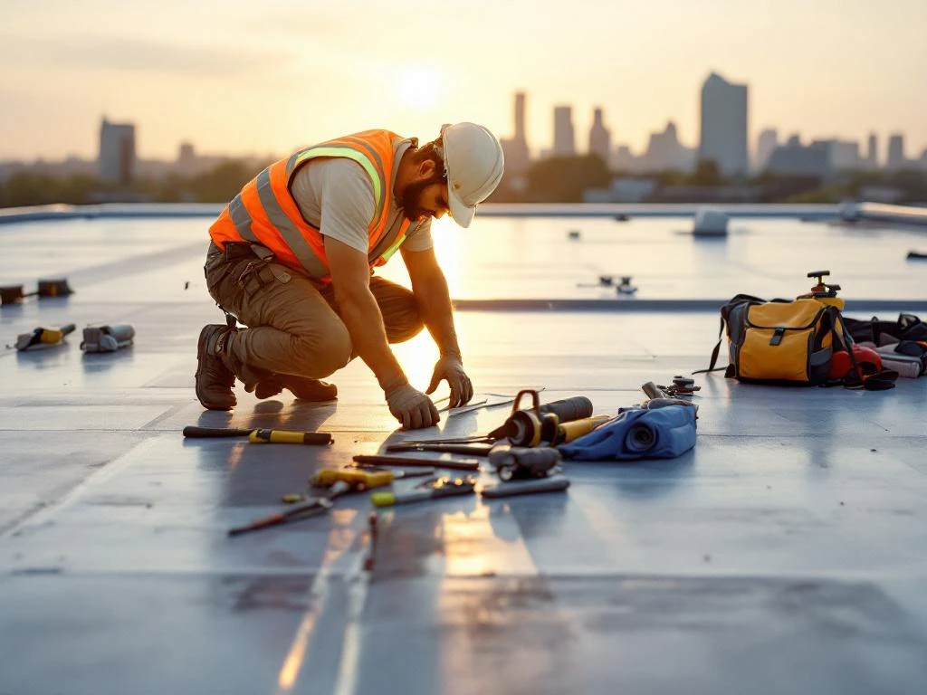 Professionele dakdekker inspecteert commercieel rubberenmembraan dak met gereedschap, Amersfoort skyline op achtergrond
